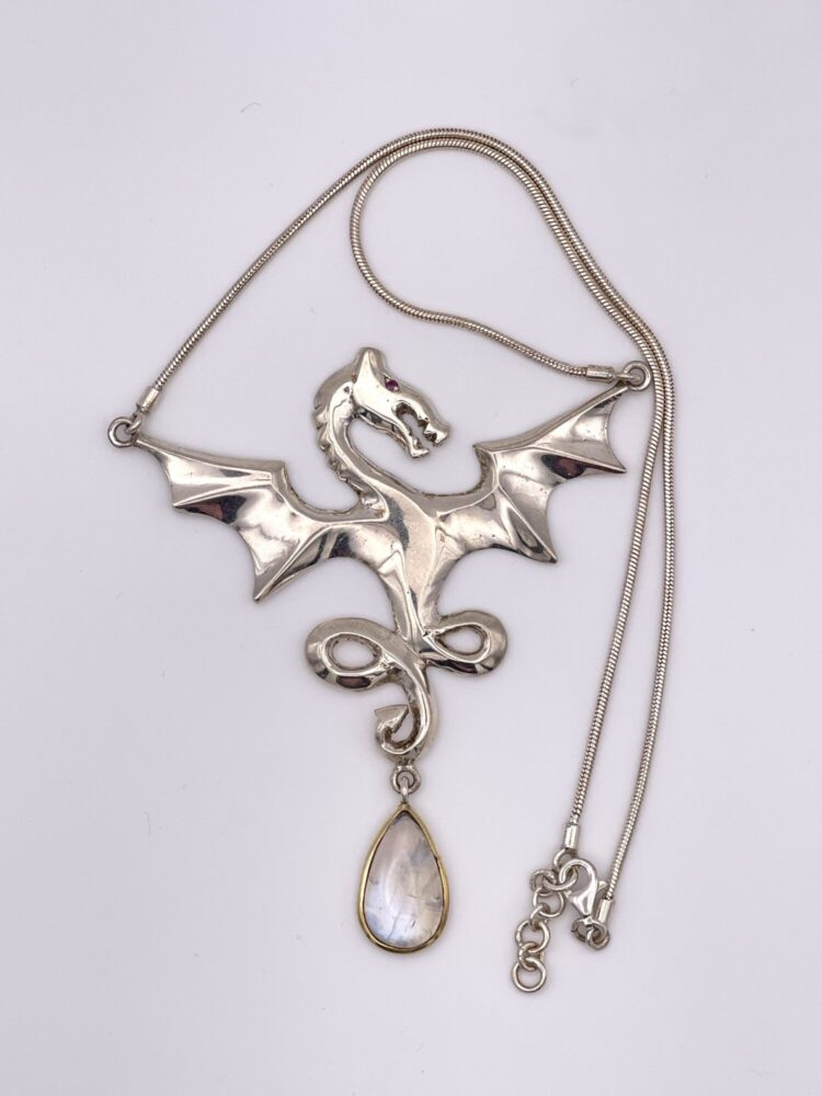 Rainbow Moonstone Sterling Silver Dragon Necklace 2 Rainbow Moonstone Sterling Silver Dragon Necklace - Image 2